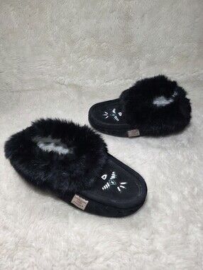 Laurentian Chief Black Suede Fur Beaded Leather Sole Moccasins 8